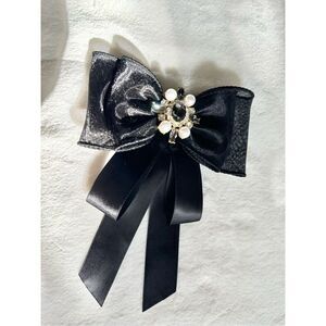 Black bow brooch with rhinestone and faux pearl